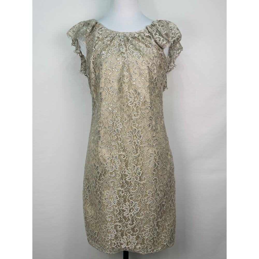 Free People Beige Silver Metallic Lace Mini Shift Dress Sleeves Size Small - Picture 2 of 13